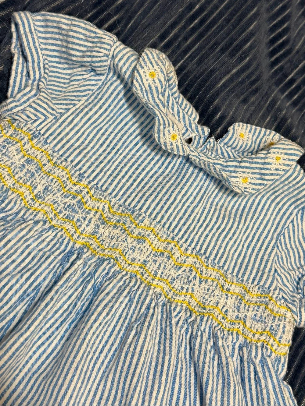 3-6m Baby Blue Stripe Smocked Dress with Bee Embroidery